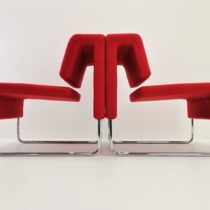 1 of 2 Modern lounge chairs by Dorigo design / Tubular steel and Red fabric / Modular minimal armchair / Early 2000s Italian design