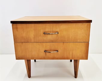 Vintage furnished nightstand / Meblo Yugoslavia / Veneer and angular tapered legs / Mid-century Modern Home