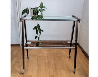 Mid-century Console Table / Vintage TV Stand / Trolley on Wheels / Wood and Glass / 60s Italy