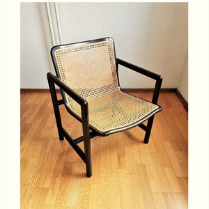 Modern cane lounge chair / Branko Uršič for Stol Kamnik / 1980s Yugoslavia wood and cane net armchair zdjęcie 1