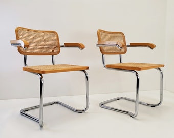 1 Vintage Marcel Breuer Cesca chair with armrests / Wood, chrome and wicker / Cantilever dining chair / 90s Italy cane armchair