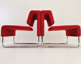 1 of 2 Modern lounge chairs by Dorigo design / Tubular steel and Red fabric / Modular minimal armchair / Early 2000s Italian design