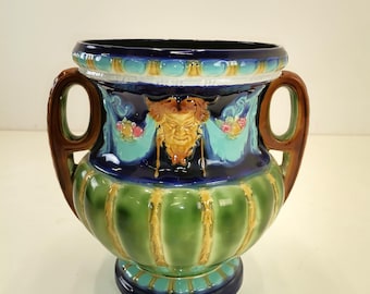 Large Earthenware Plant Pot / Vintage Vase with Satyr / Late 19th Century Majolica Jardiniere