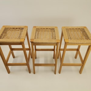 Vintage Beechwood Bar Stools (Set of 3): Danish Paper Cord Seating
