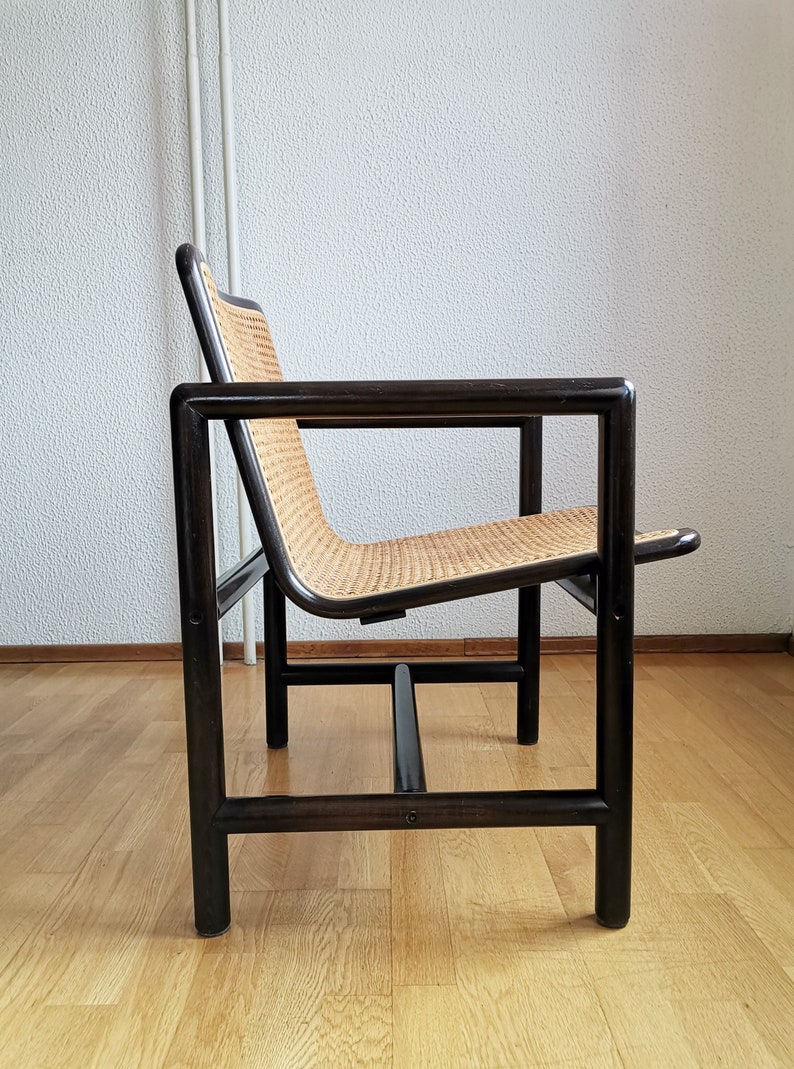 Modern cane lounge chair / Branko Uršič for Stol Kamnik / 1980s Yugoslavia wood and cane net armchair zdjęcie 7