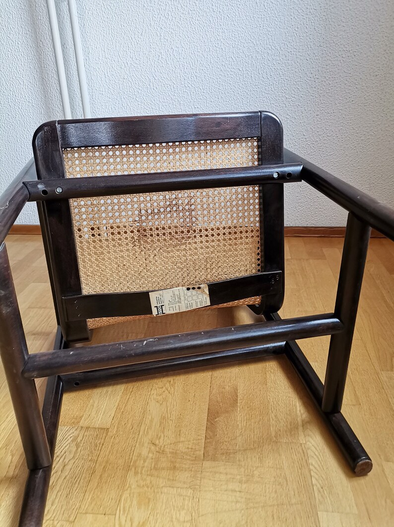 Modern cane lounge chair / Branko Uršič for Stol Kamnik / 1980s Yugoslavia wood and cane net armchair zdjęcie 8