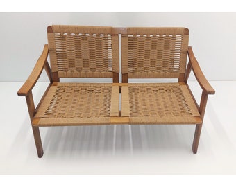 banc vintage avec assise en corde tressée / banc de style Hans Wegner avec accoudoirs / années 60, 70