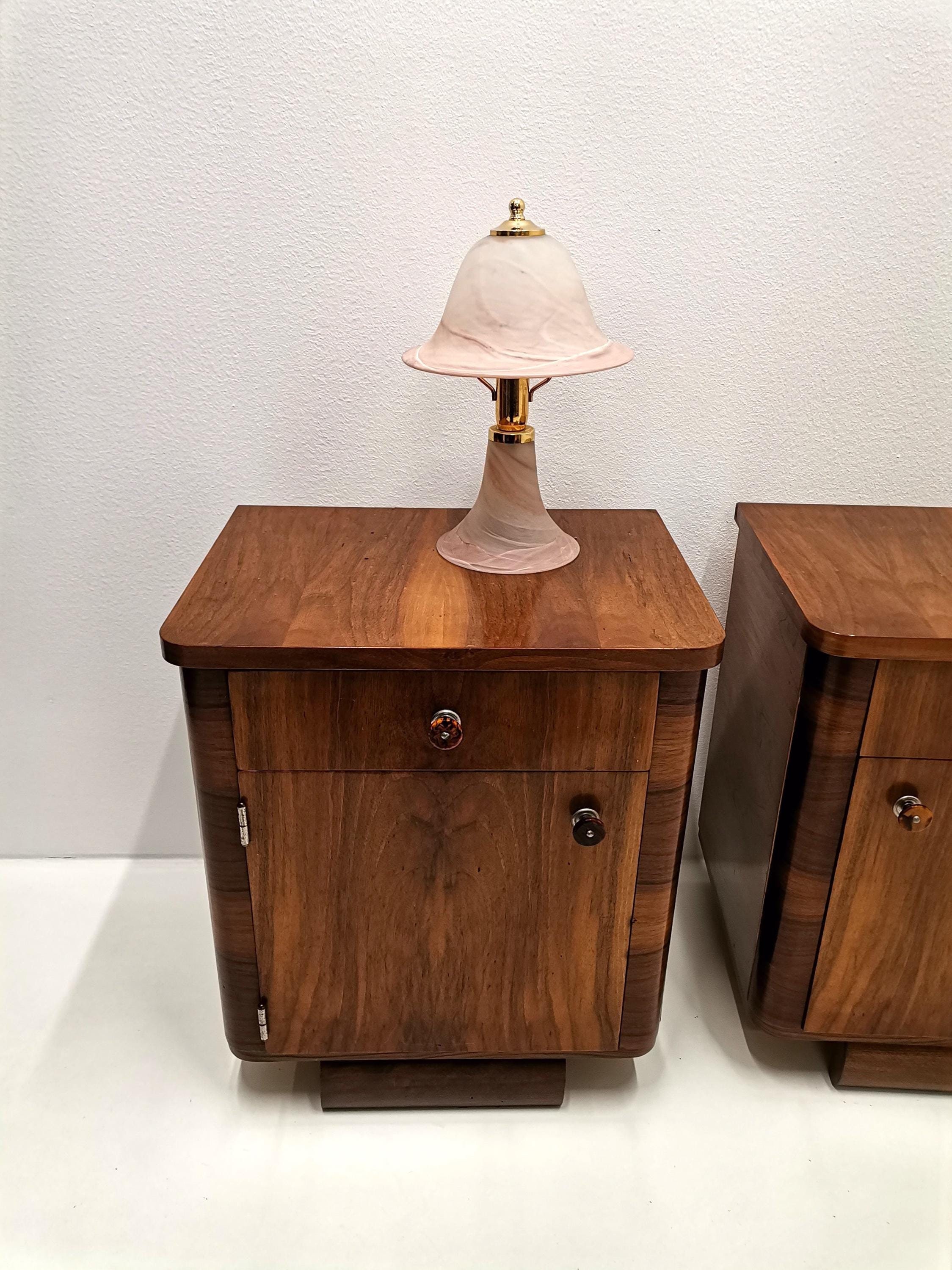 Pair of Art Deco nightstands / Vintage bedside table with veneer / Nightstand with drawers