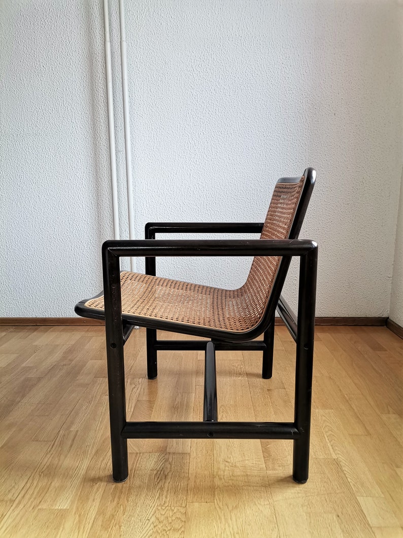 Modern cane lounge chair / Branko Uršič for Stol Kamnik / 1980s Yugoslavia wood and cane net armchair zdjęcie 3