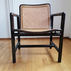 Modern cane lounge chair / Branko Uršič for Stol Kamnik / 1980s Yugoslavia wood and cane net armchair zdjęcie 2