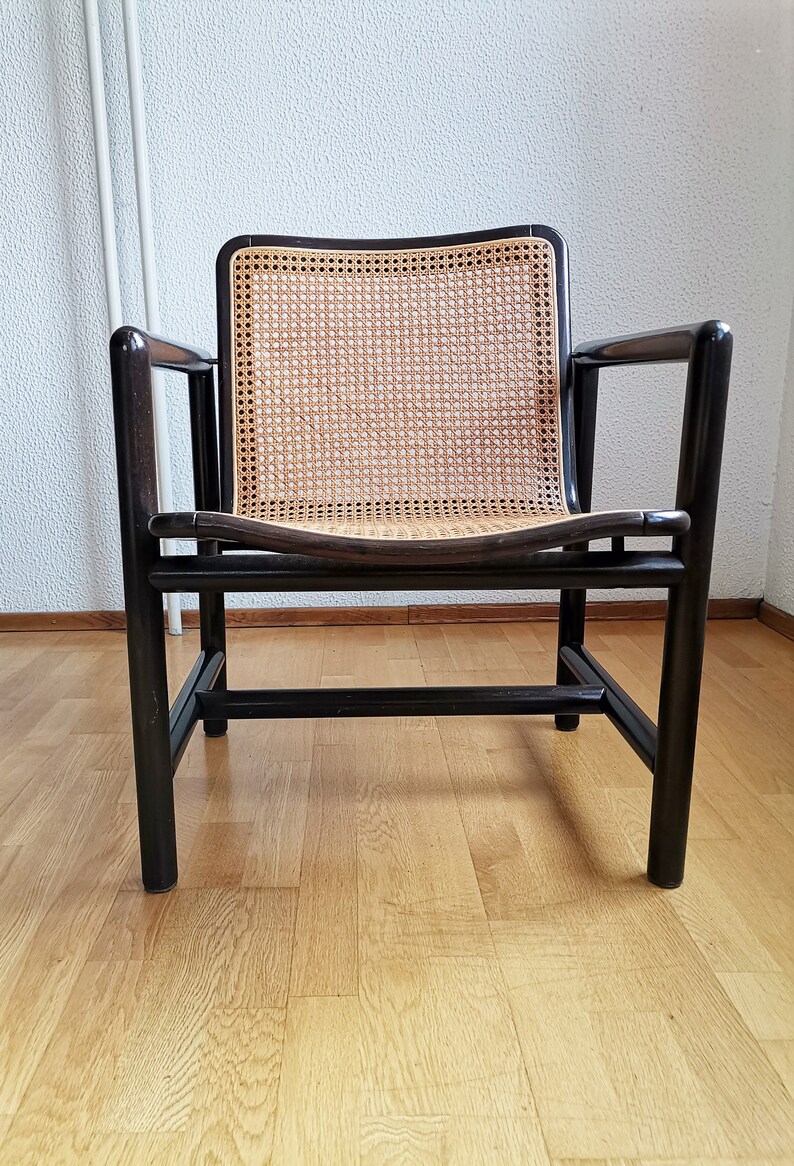 Modern cane lounge chair / Branko Uršič for Stol Kamnik / 1980s Yugoslavia wood and cane net armchair zdjęcie 2