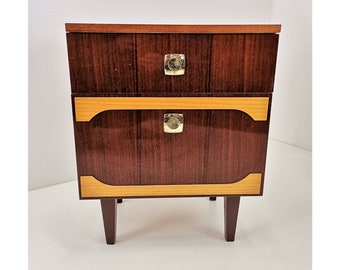 Vintage tall nightstand / Mid-century bedside table with two-toned veneer / Console table with 2 drawers