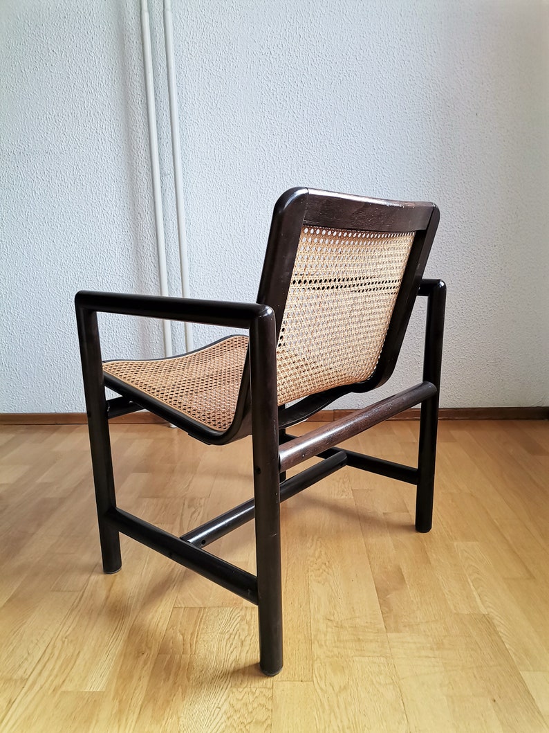 Modern cane lounge chair / Branko Uršič for Stol Kamnik / 1980s Yugoslavia wood and cane net armchair zdjęcie 4