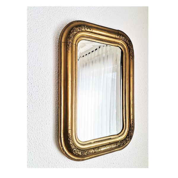 Grand miroir Biedermeier / Miroir doré encadré / Peinture bois et or / 19ème siècle