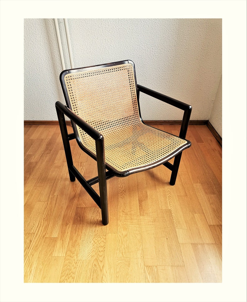 Modern cane lounge chair / Branko Uršič for Stol Kamnik / 1980s Yugoslavia wood and cane net armchair zdjęcie 1