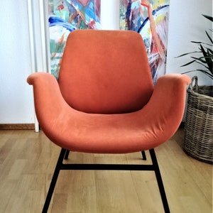 Vintage Mid-Century Modern Armchair: Soft Orange Fabric, Angular Metal Frame, 50s Lounge Chair image 8