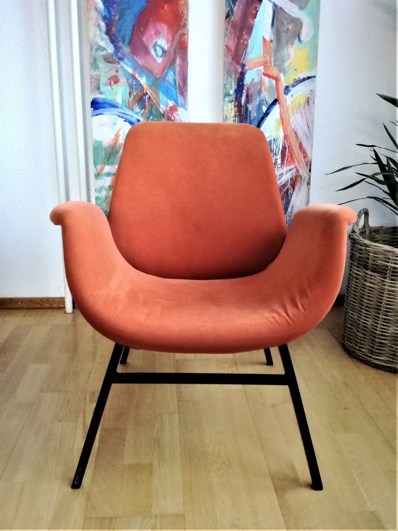 Vintage Mid-Century Modern Armchair: Soft Orange Fabric, Angular Metal Frame, 50s Lounge Chair image 8