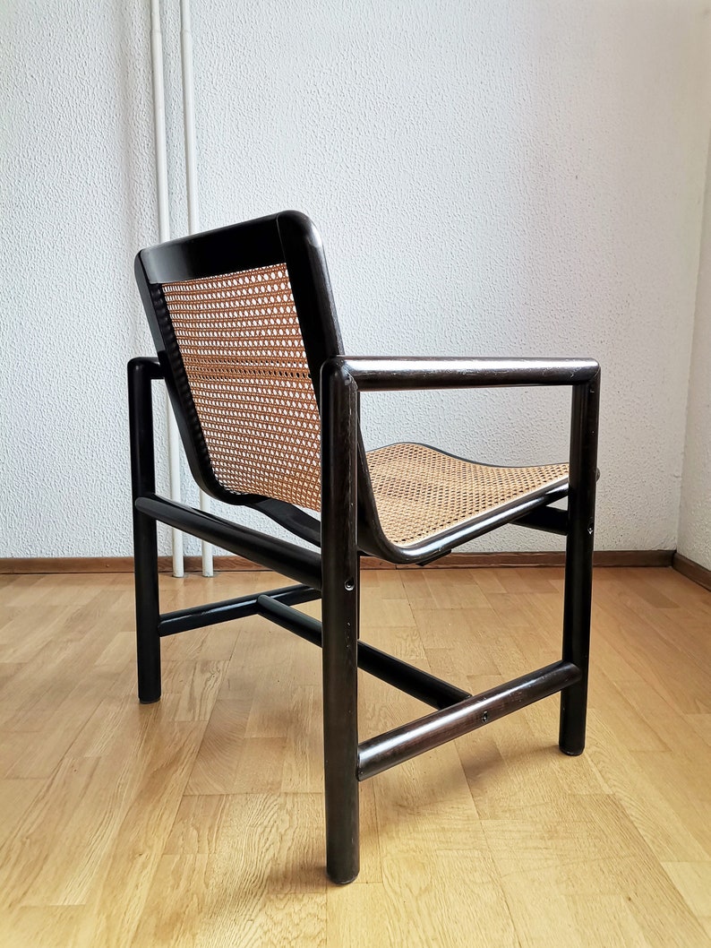 Modern cane lounge chair / Branko Uršič for Stol Kamnik / 1980s Yugoslavia wood and cane net armchair zdjęcie 6