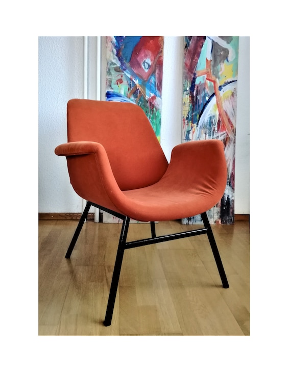 Vintage Mid-Century Modern Armchair: Soft Orange Fabric, Angular Metal Frame, 50s Lounge Chair
