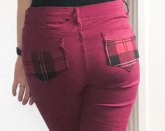 Red Denim Trousers with Tartan Back Pockets