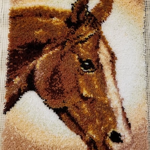 May include: Close-up of a brown horse's head, with a white stripe down its face, created with yarn on a canvas background.