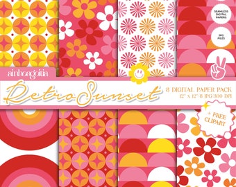 Retro Sunset Digital Paper Pack: Groovy Clipart PNG JPG (Digital Download)