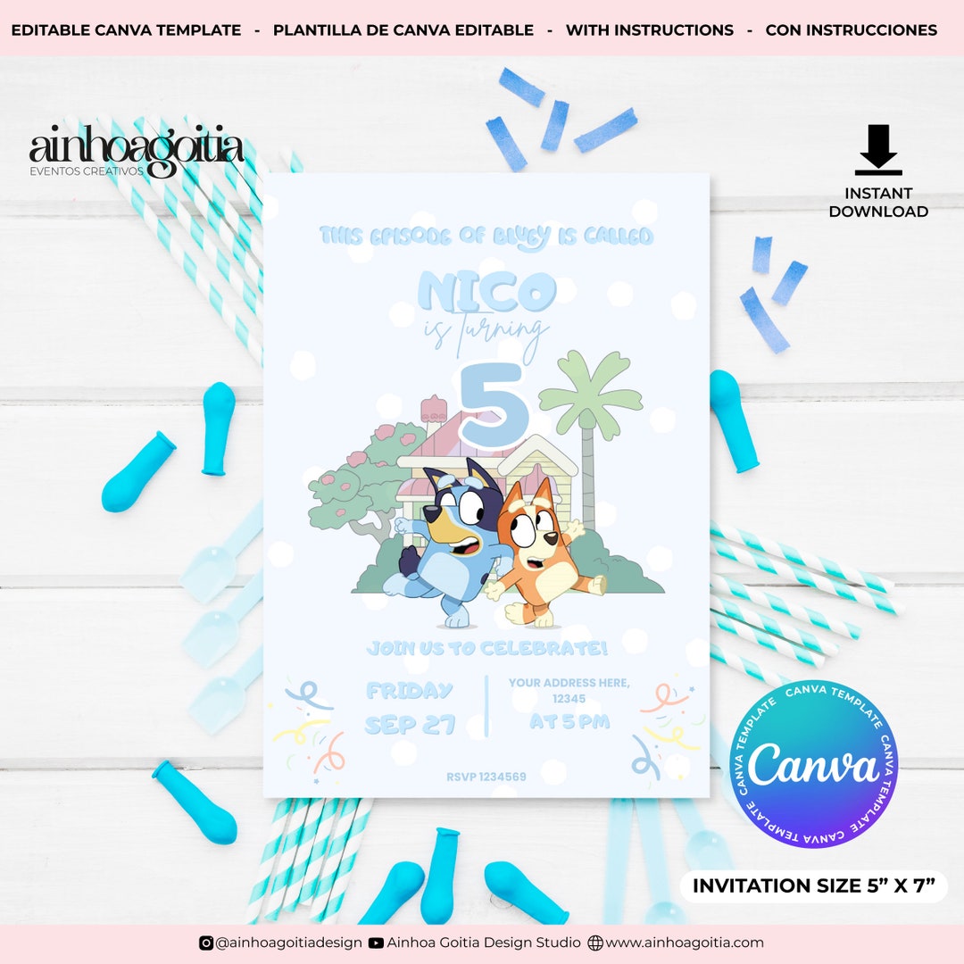 Blue Dog Birthday Invitation Template: Editable Party Invite (digital ...