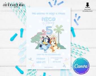 Modèle d'invitation d'anniversaire de chien bleu : invitation de fête modifiable (téléchargement numérique)