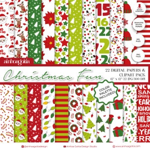 Carta digitale e clipart divertenti per Natale, carta digitale senza soluzione di continuità, pacchetto di carta digitale natalizia con clipart PNG-JPG in HQ