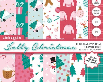 Jolly Christmas Digital Paper Pack: Seamless Patterns & Cliparts (PNG, JPG)