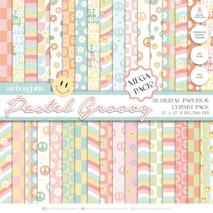 Carta digitale e clipart Pastel Groovy, carta digitale senza soluzione di continuità, pacchetto di carta digitale Groovy con clipart PNG-JPG in HQ