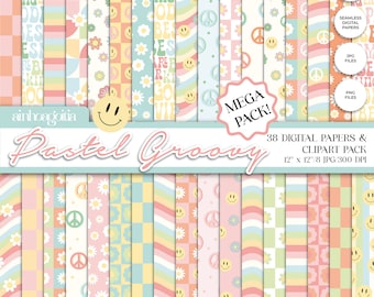 Pastel Groovy digitales Papier & Cliparts, nahtloses digitales Papier, Groovy digitales Papier mit Cliparts PNG-JPG in QUARZ