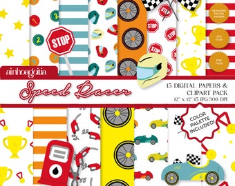 Speed Racer Digital Paper Pack: Seamless Patterns & Cliparts (PNG, JPG)