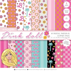 Carta digitale Pink Doll, carta digitale senza soluzione di continuità, pacchetto di carta digitale per bambole ragazza con clipart PNG-JPG in HQ