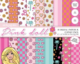 Pink Doll digital paper, seamless digital paper, Girl doll digital paper pack with cliparts PNG-JPG in HQ