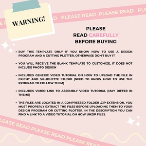 May include: A pink and white warning sign with the text "WARNING!" in bold black letters. The sign also includes the text "PLEASE READ CAREFULLY BEFORE BUYING" in black letters. The sign lists five bullet points with instructions for using a design template.