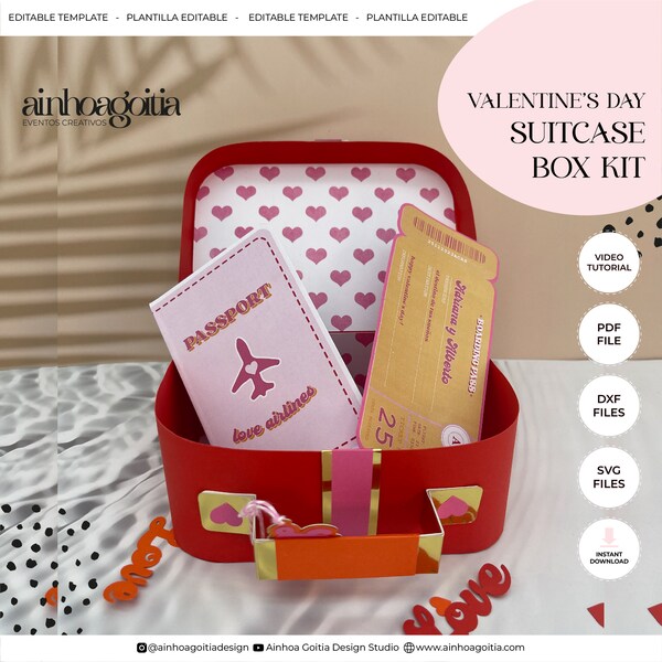 Valentinstag Koffer Box Kit Digitale Vorlage SVG mit Video-Tutorial, Geschenk-Box SVG, Box-Vorlage, Silhouette Schnittdateien, Cricut Schnitt Datei