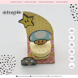 May include: A printable template for a 3D pop-up birthday party favor featuring a mushroom and a star from the Super Mario Bros. video game. The template includes a video tutorial, PDF, DXF, SVG, and Studio files for easy assembly.