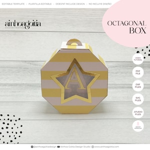 May include: A printable template for an octagonal box with a star and letter A cutout. The box is yellow and white striped with gold accents. The template includes video tutorial, PDF, DXF, SVG, and Studio files. Instant download.