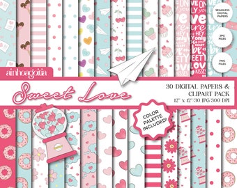 Sweet Love Digital Paper Pack: Pastel Groovy Patterns & Cliparts (PNG, JPG)