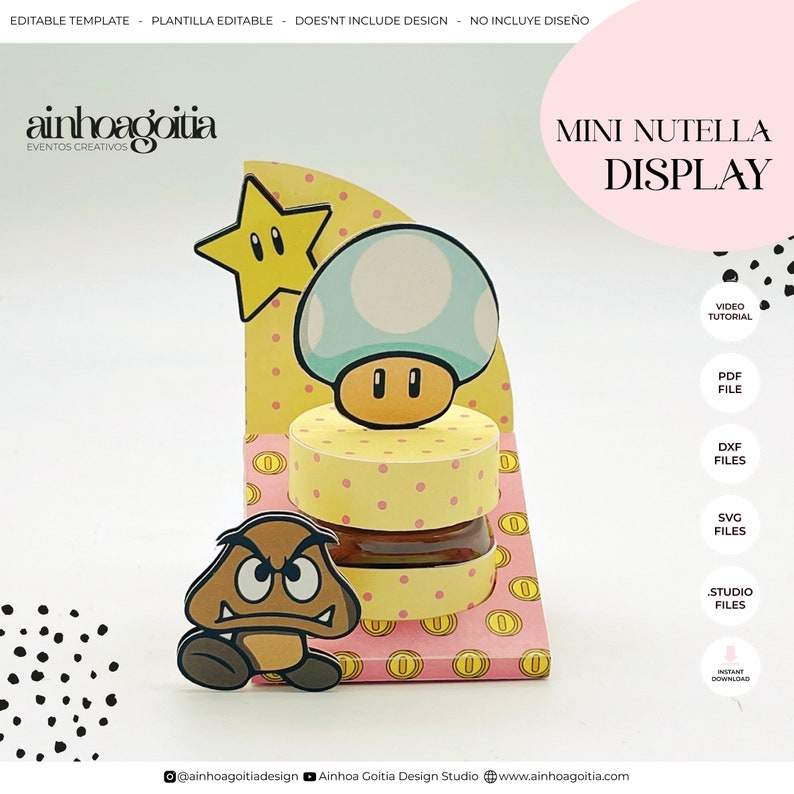 May include: A printable template for a mini Nutella display featuring a yellow star, a blue mushroom, and a brown character resembling a turtle. The template is designed for a small jar of Nutella and includes a pink and yellow background with white polka dots. The text "MINI NUTELLA DISPLAY" is at the top of the image.
