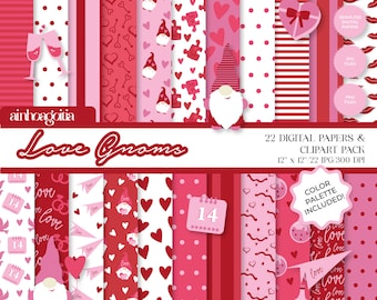 Love Gnomes Digital Paper Pack: Seamless Patterns & Clipart (PNG, JPG)