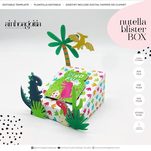 May include: A printable template for a Nutella blister box with a dinosaur theme. The box is decorated with a colorful pattern of dinosaurs, eggs, and footprints. The template includes a video tutorial, PDF file, DXF files, SVG files, Studio files, and an instant download option.