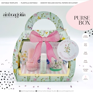 Puede incluir: Una caja verde y blanca con forma de bolso con un lazo rosa y diseño floral. La caja está abierta y contiene dos frascos pequeños de esmalte de uñas y un bálsamo labial. El texto "Feliz Dia de la Mujer Juntas Somos Increibles" está en un círculo blanco.