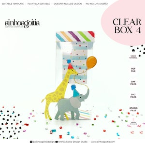 Può includere: Una scatola trasparente con una giraffa e un elefante all'interno. La scatola è decorata con strisce e pois colorati. La girafa e l'elefante indossano cappelli da festa. Il testo "CLEAR BOX 4" è nell'angolo in alto a destra dell'immagine.