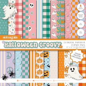 May include: A set of 24 digital papers and clipart featuring a Halloween theme with a groovy retro style. The papers include patterns with ghosts, pumpkins, skulls, peace signs, and checkered designs in pink, orange, blue, green, and white.
