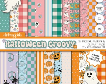 Groovy Halloween Digital Paper Pack: Seamless Patterns & Cliparts (PNG, JPG)