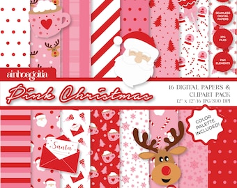 Pink Christmas Digital Paper Pack: Seamless Patterns & Cliparts (Digital Download)