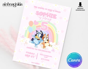 Blue Dog Birthday Invitation Template - Editable Canva Template - Custom Party Invitation - Digital Download