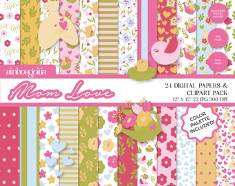Mother's Day Digital Paper Pack: Seamless Patterns & Cliparts (Digital Download)